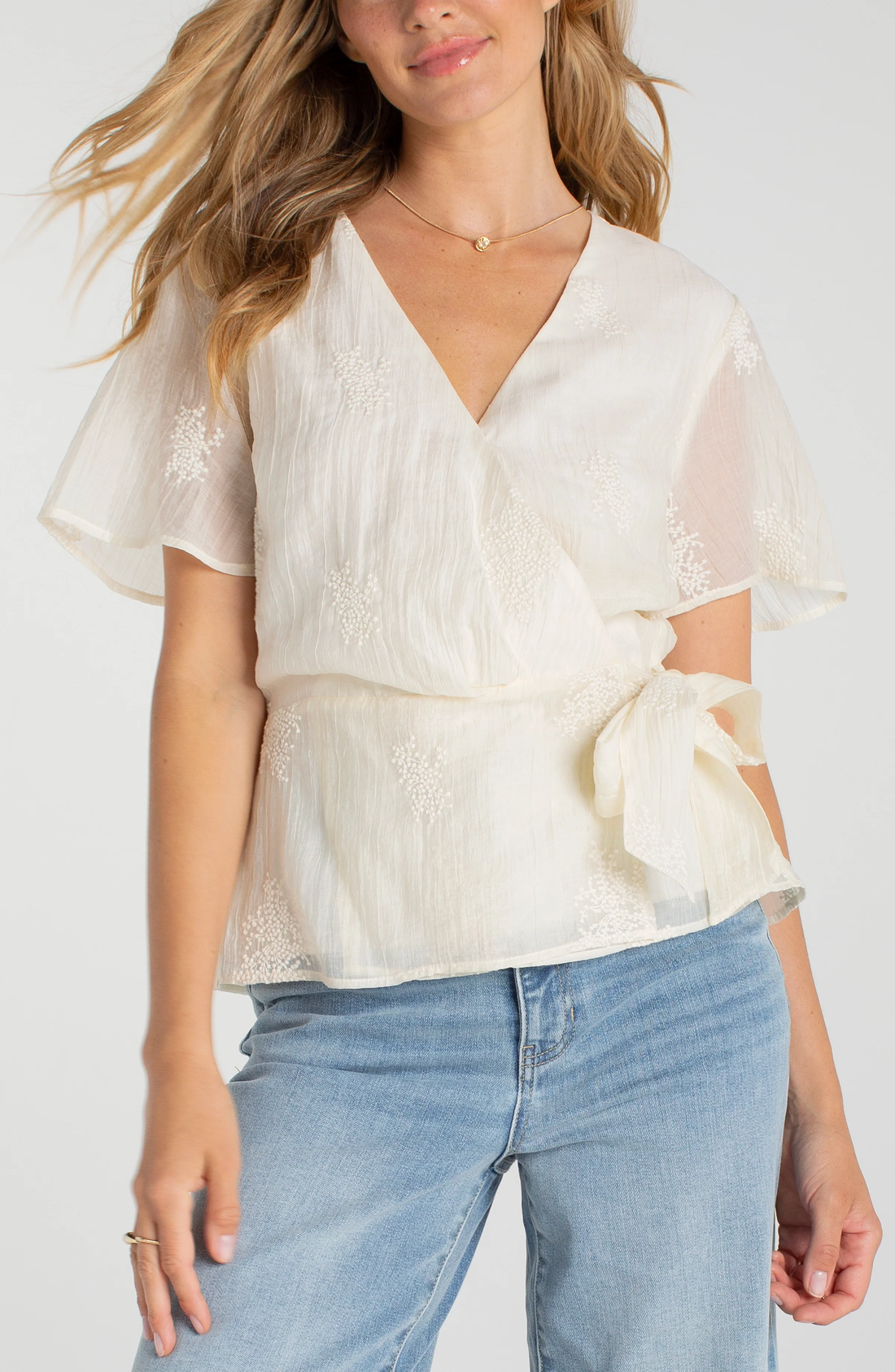 Liverpool SS Wrap Front Woven Top with Tie